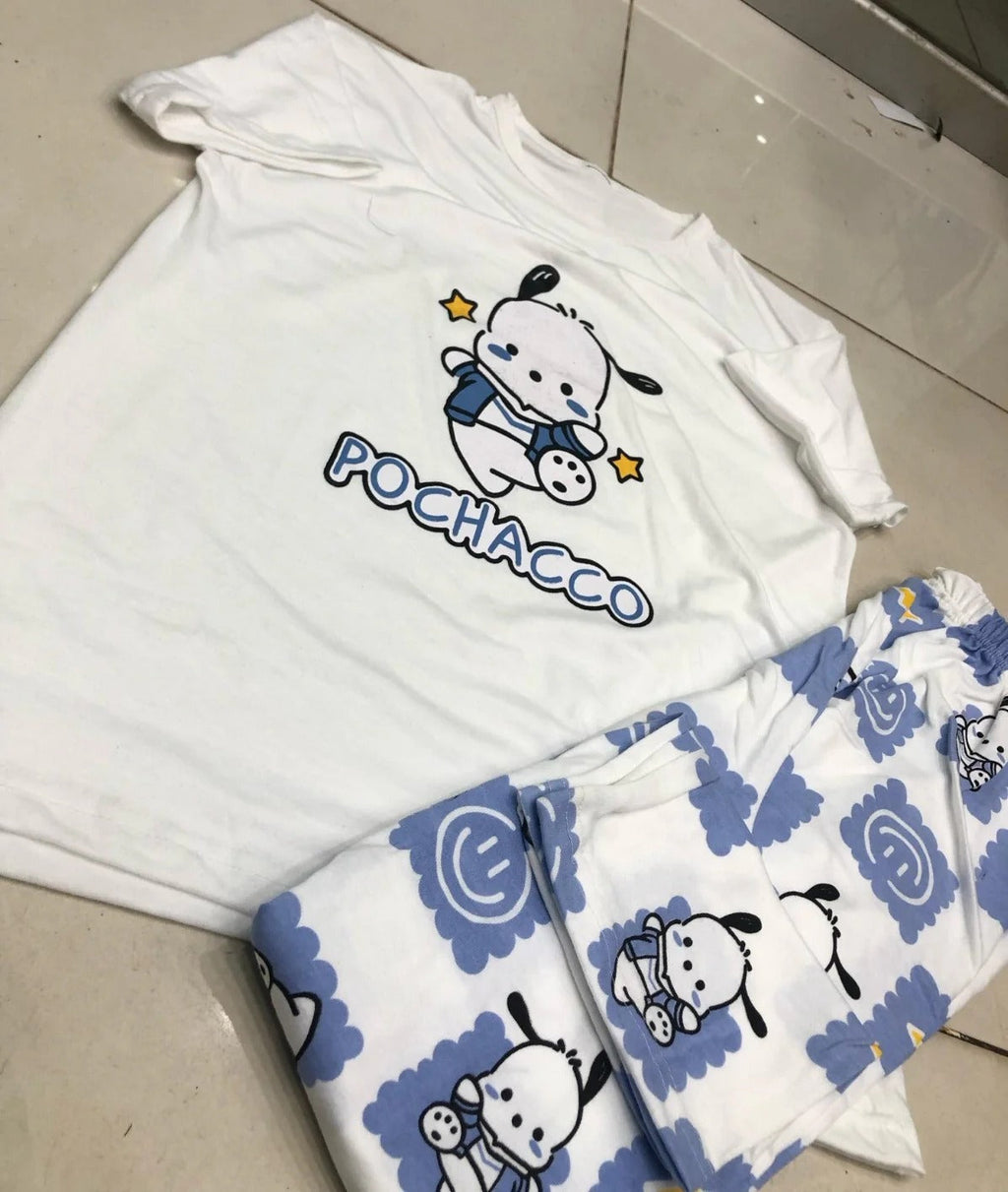 White Pochacco Print Half Sleeves Printed Night Suit (RX-302)