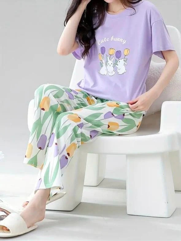 Lilac bunny Printed Half Sleeves Night Suit (RX-304)