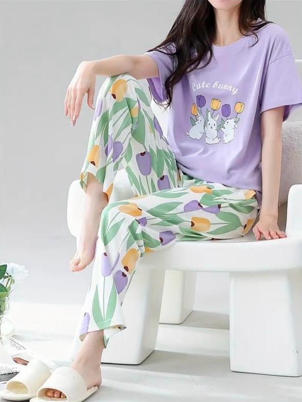 Lilac bunny Printed Half Sleeves Night Suit (RX-304)
