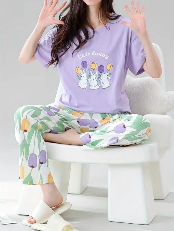 Lilac bunny Printed Half Sleeves Night Suit (RX-304)