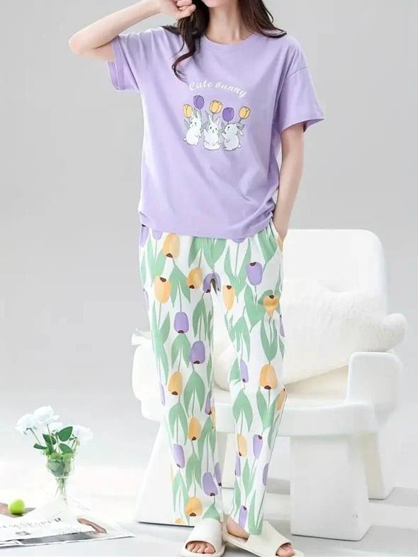 Lilac bunny Printed Half Sleeves Night Suit (RX-304)