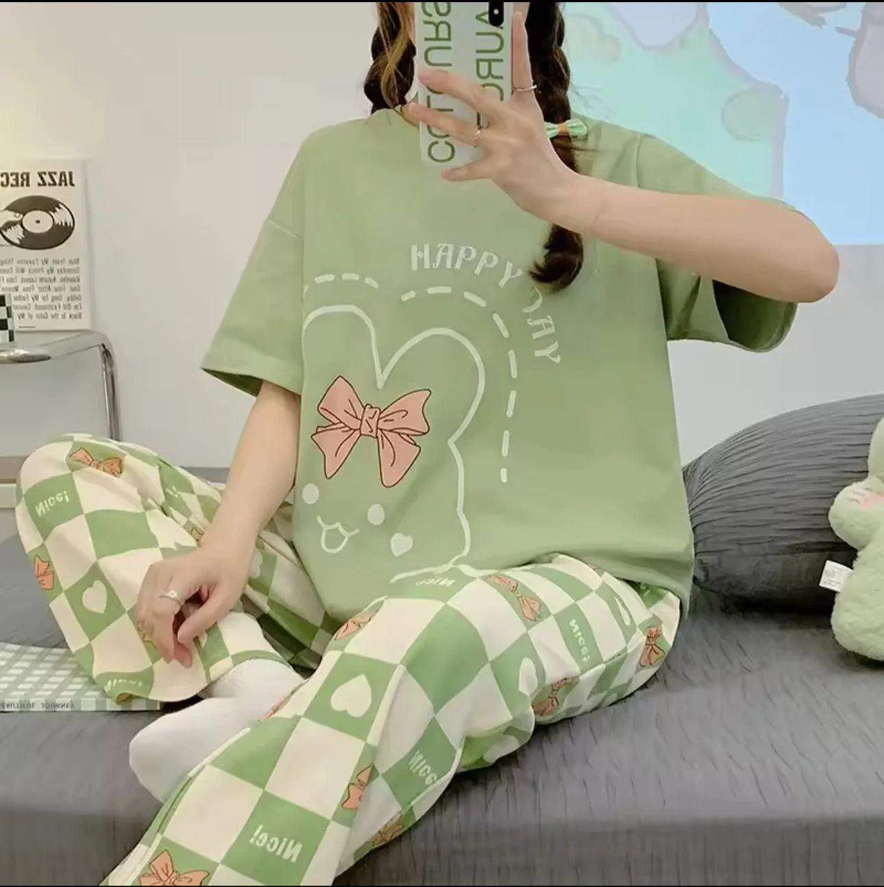 Olive Green Happy Day Printed Half Sleeves Night Suit (RX-303)