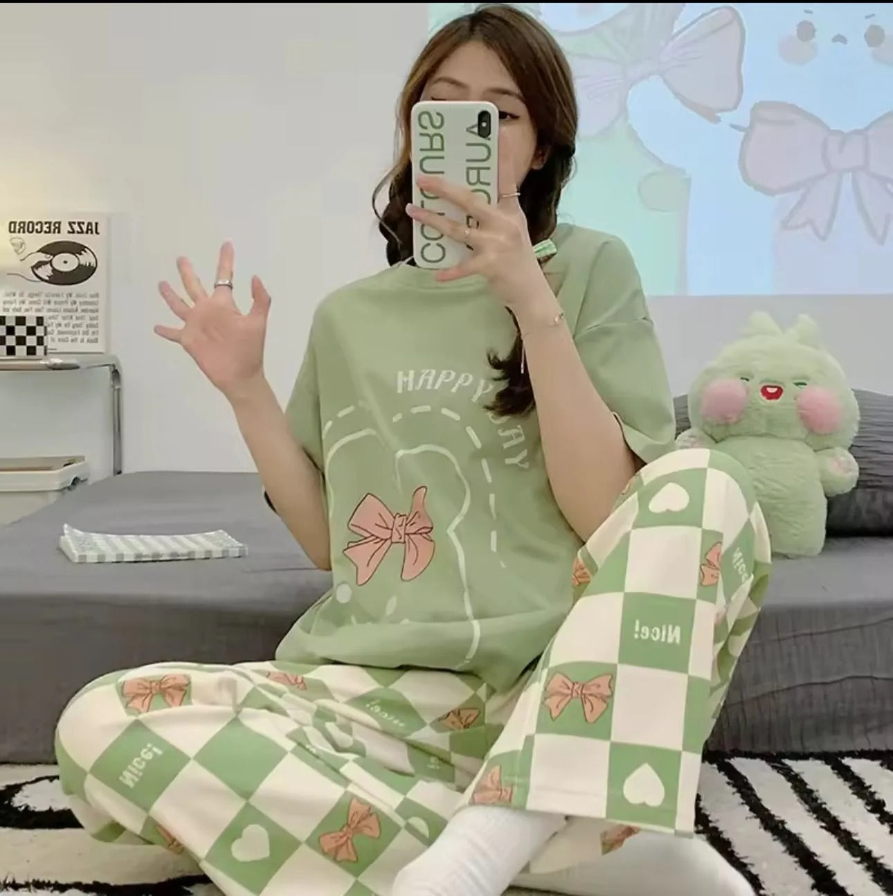 Olive Green Happy Day Printed Half Sleeves Night Suit (RX-303)