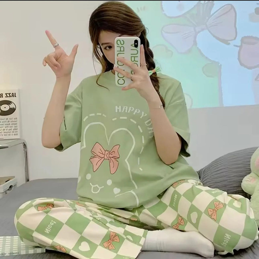 Olive Green Happy Day Printed Half Sleeves Night Suit (RX-303)