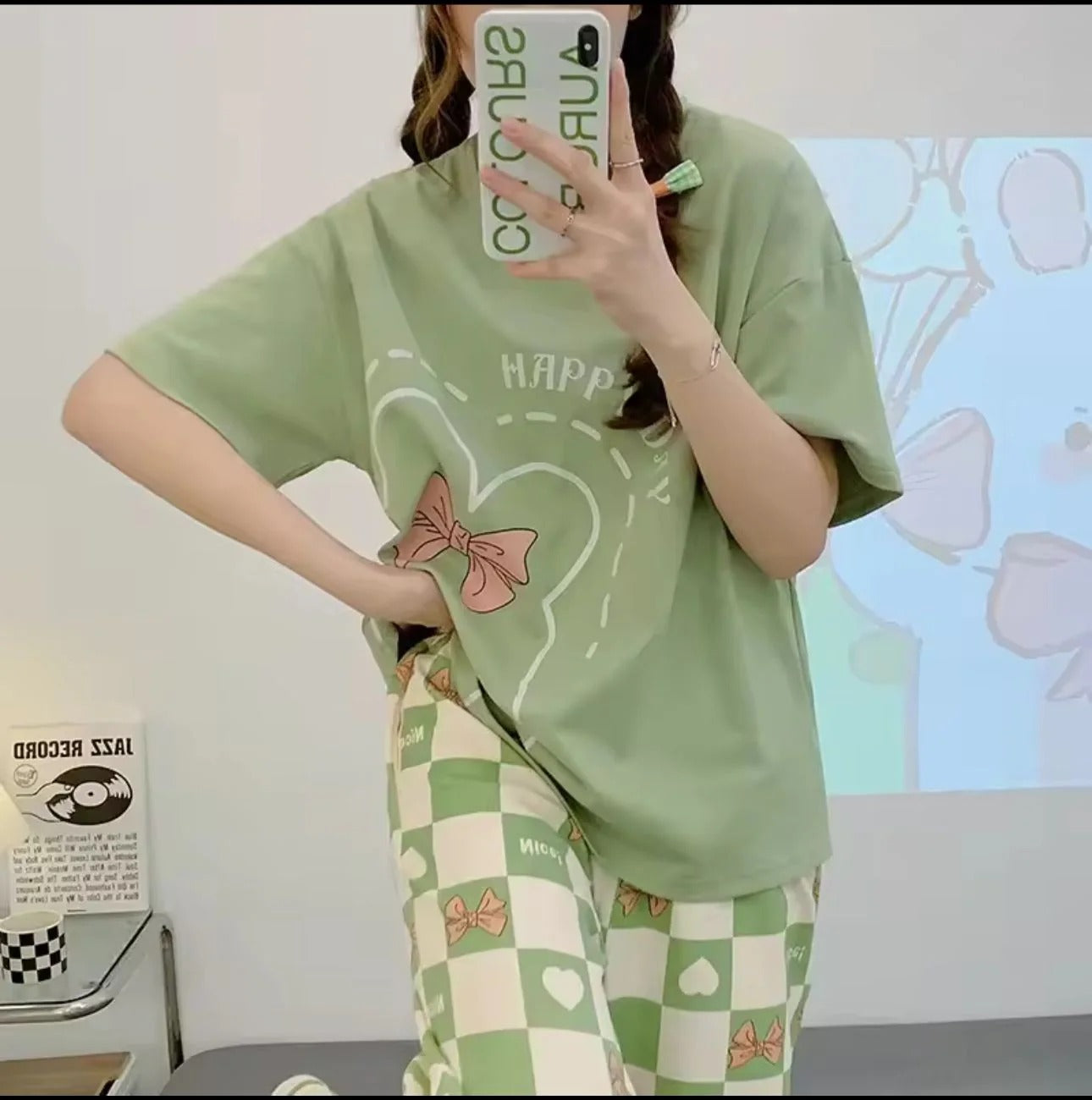 Olive Green Happy Day Printed Half Sleeves Night Suit (RX-303)