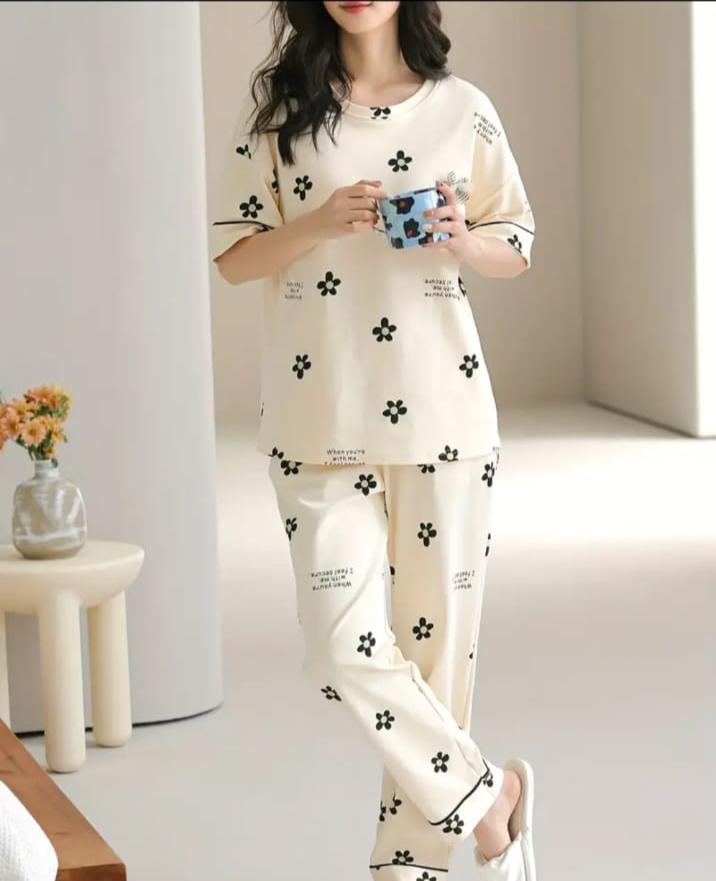 Off white Black all over flowers Print Half Sleeves Printed Night Suit (RX-318)