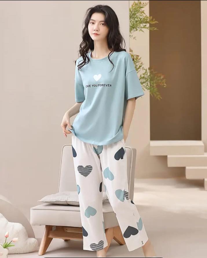 Sky blue Love you forever hearts Print Half Sleeves Printed Night Suit (RX-319)