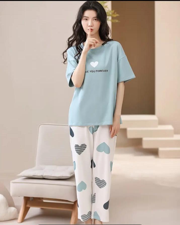 Sky blue Love you forever hearts Print Half Sleeves Printed Night Suit (RX-319)