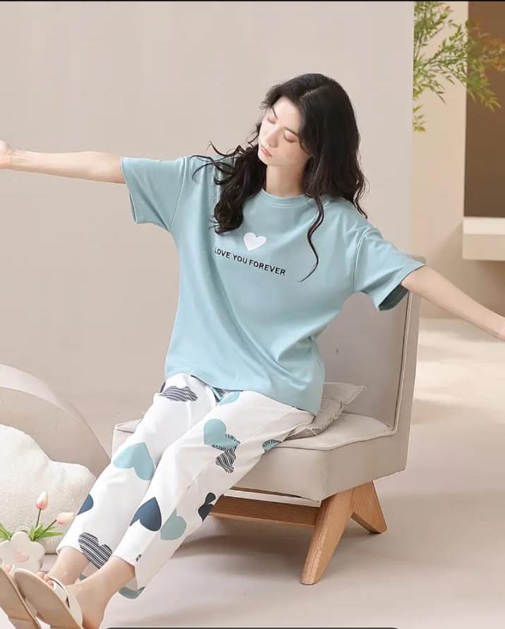Sky blue Love you forever hearts Print Half Sleeves Printed Night Suit (RX-319)