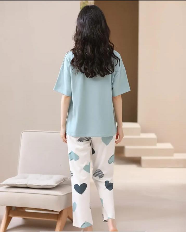 Sky blue Love you forever hearts Print Half Sleeves Printed Night Suit (RX-319)