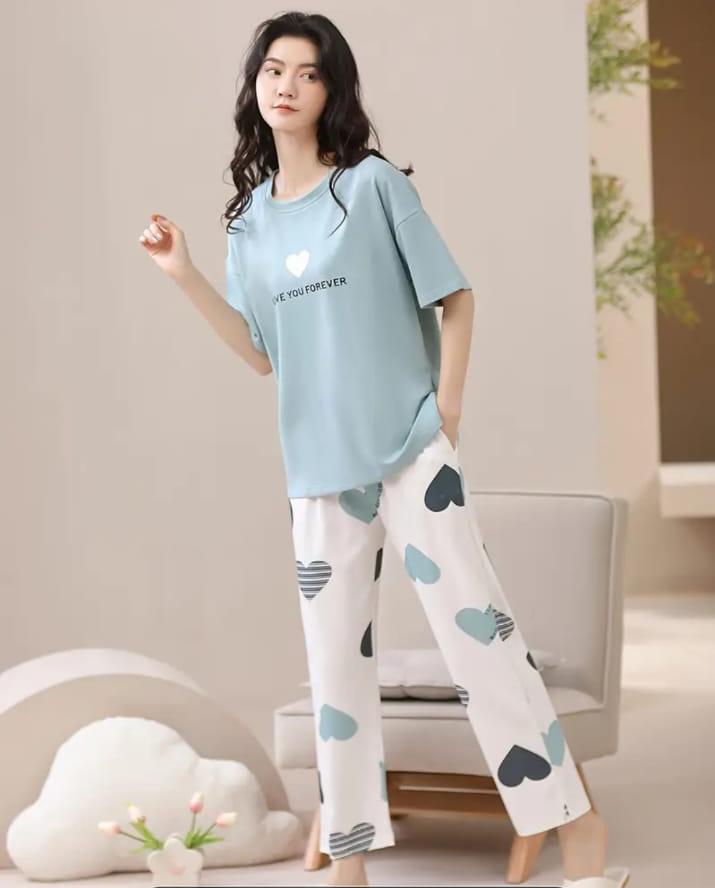 Sky blue Love you forever hearts Print Half Sleeves Printed Night Suit (RX-319)