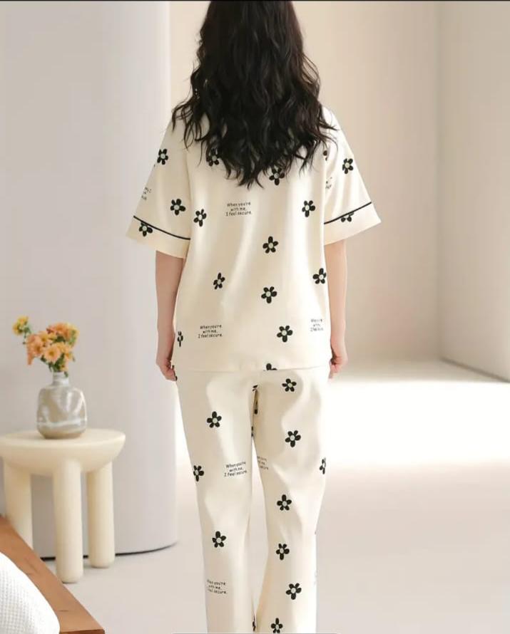 Off white Black all over flowers Print Half Sleeves Printed Night Suit (RX-318)