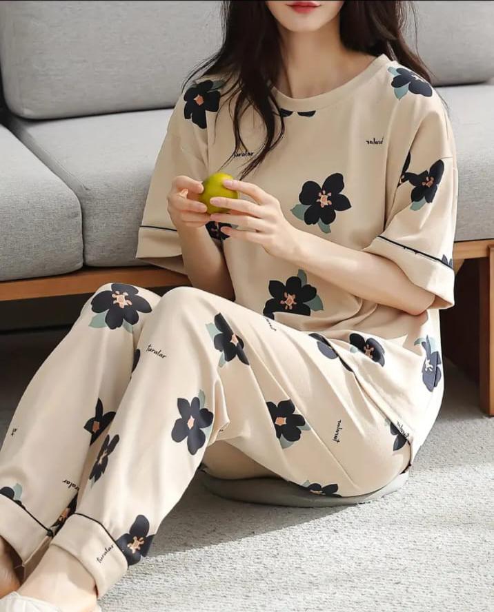 Brown BIG Black all over flowers Print Half Sleeves Printed Night Suit (RX-317)