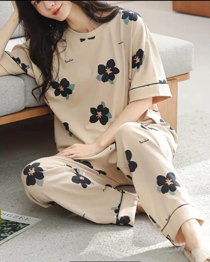 Brown BIG Black all over flowers Print Half Sleeves Printed Night Suit (RX-317)