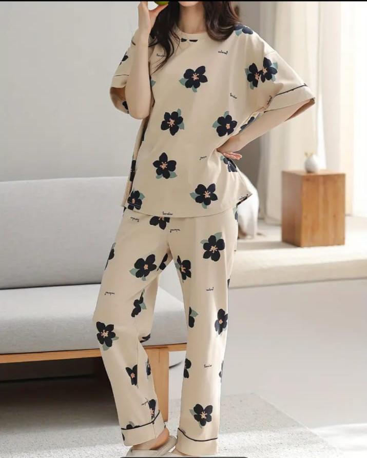 Brown BIG Black all over flowers Print Half Sleeves Printed Night Suit (RX-317)