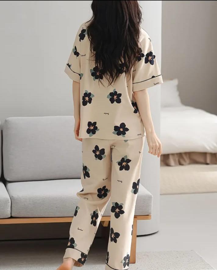 Brown BIG Black all over flowers Print Half Sleeves Printed Night Suit (RX-317)
