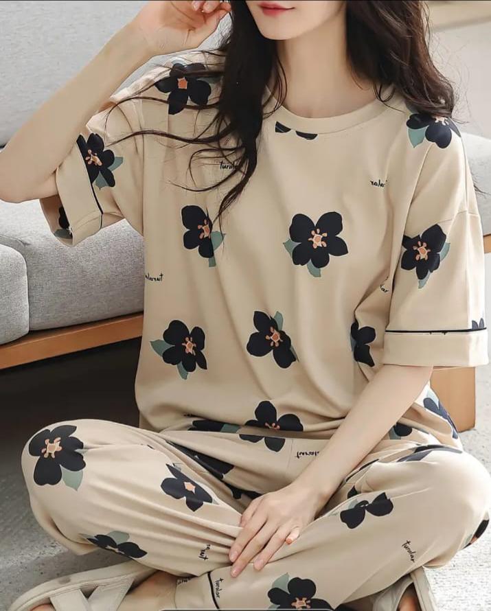 Brown BIG Black all over flowers Print Half Sleeves Printed Night Suit (RX-317)