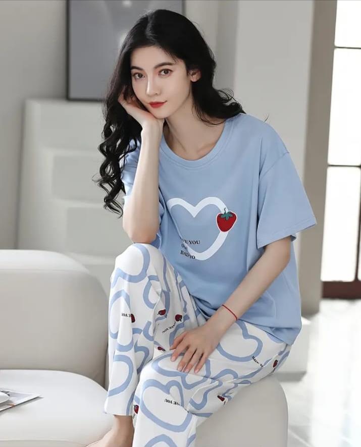 Sky blue Strawberry heart Print Half Sleeves Printed Night Suit (RX-316)