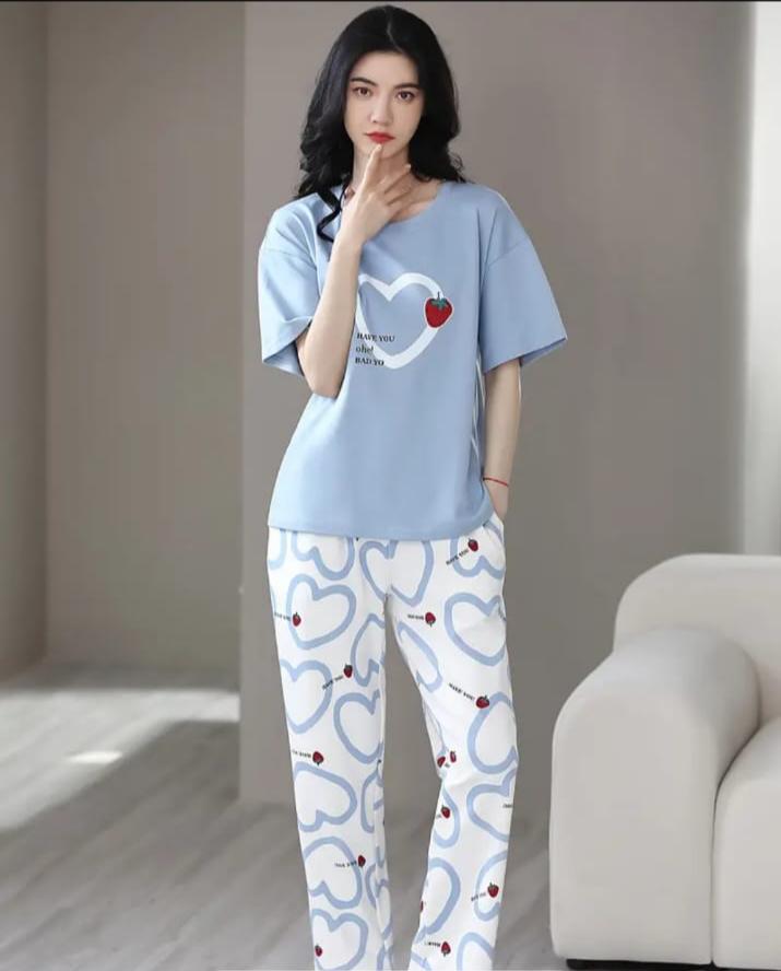 Sky blue Strawberry heart Print Half Sleeves Printed Night Suit (RX-316)
