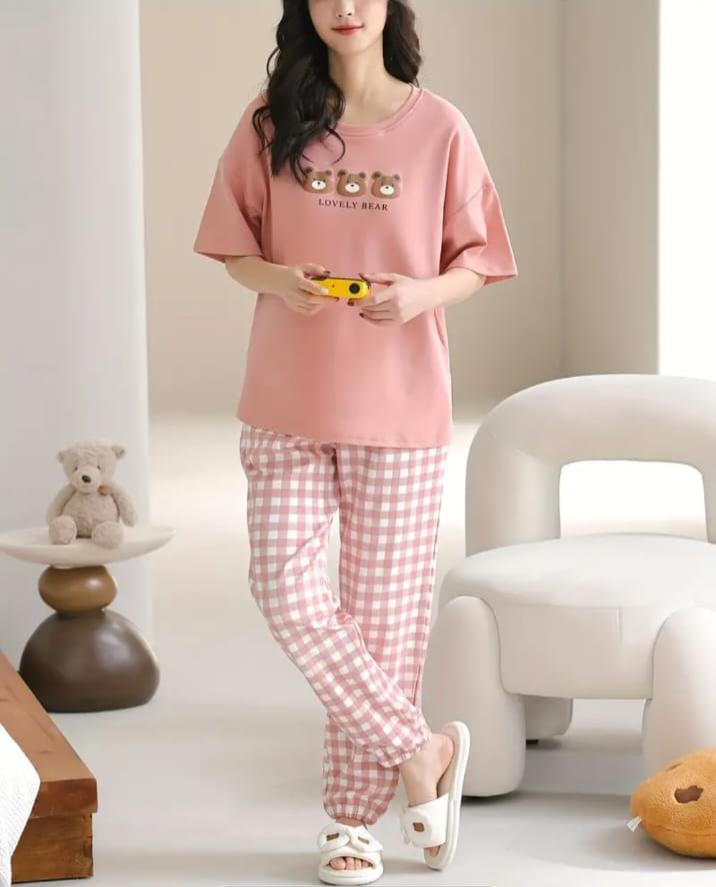 Pink lovely 3 bears Print Half Sleeves Printed Night Suit (RX-315)