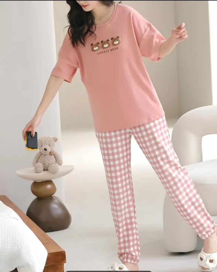 Pink lovely 3 bears Print Half Sleeves Printed Night Suit (RX-315)