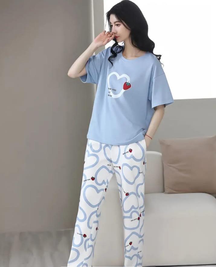 Sky blue Strawberry heart Print Half Sleeves Printed Night Suit (RX-316)