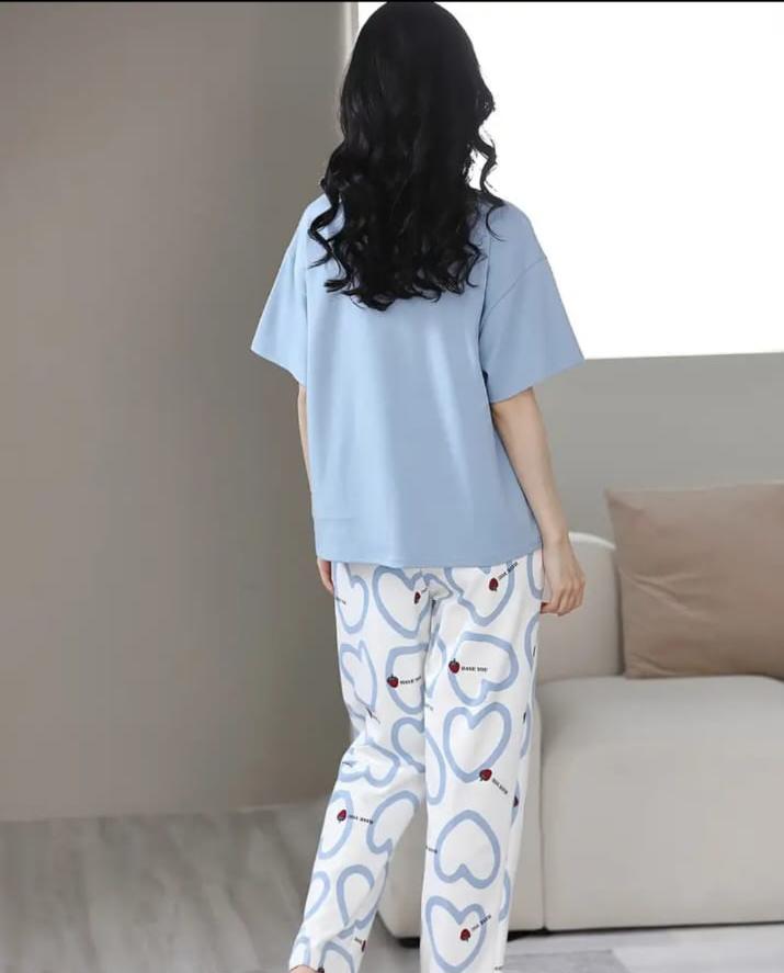 Sky blue Strawberry heart Print Half Sleeves Printed Night Suit (RX-316)