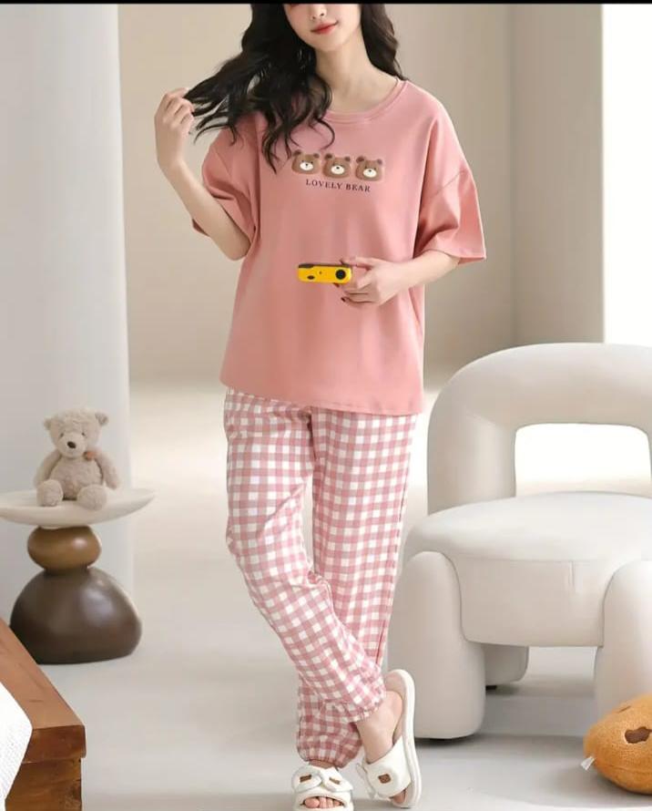 Pink lovely 3 bears Print Half Sleeves Printed Night Suit (RX-315)