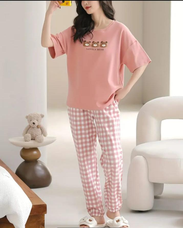 Pink lovely 3 bears Print Half Sleeves Printed Night Suit (RX-315)