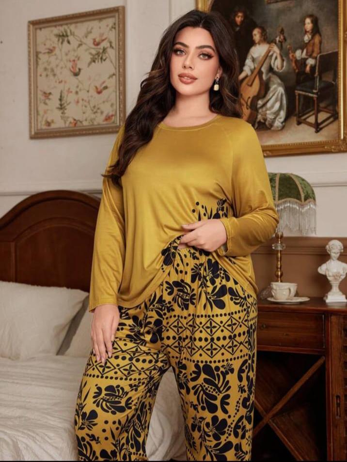 Brown Floral Print Half Sleeves with floral Printed pajama Night Suit (RX-314)