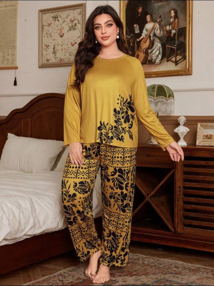 Brown Floral Print Half Sleeves with floral Printed pajama Night Suit (RX-314)