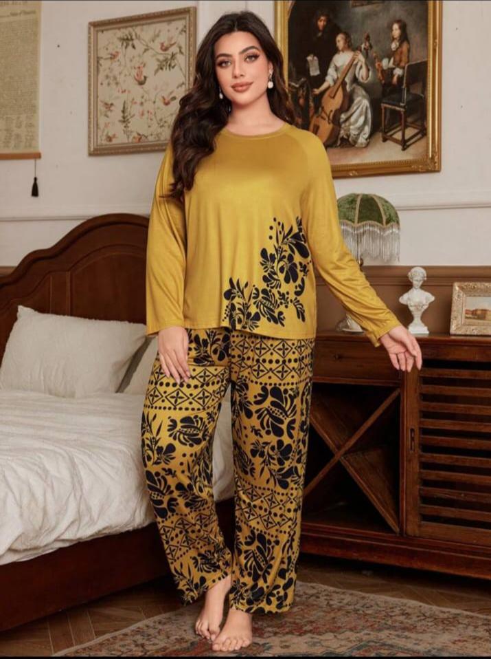 Brown Floral Print Half Sleeves with floral Printed pajama Night Suit (RX-314)