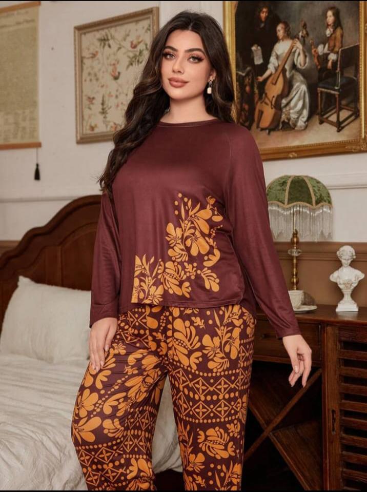 Maroon Floral Print Half Sleeves with floral Printed pajama Night Suit (RX-312)