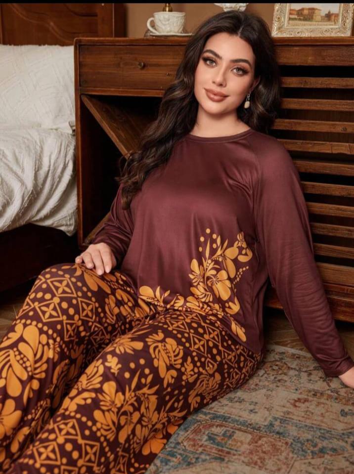 Maroon Floral Print Half Sleeves with floral Printed pajama Night Suit (RX-312)