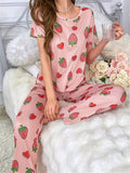 Pink All over Strawberry Half Sleeves with Printed pajama Night Suit (RX-308)