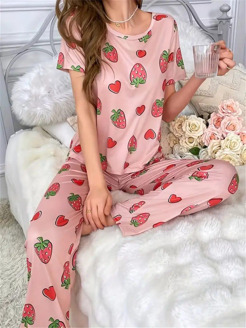 Pink All over Strawberry Half Sleeves with Printed pajama Night Suit (RX-308)
