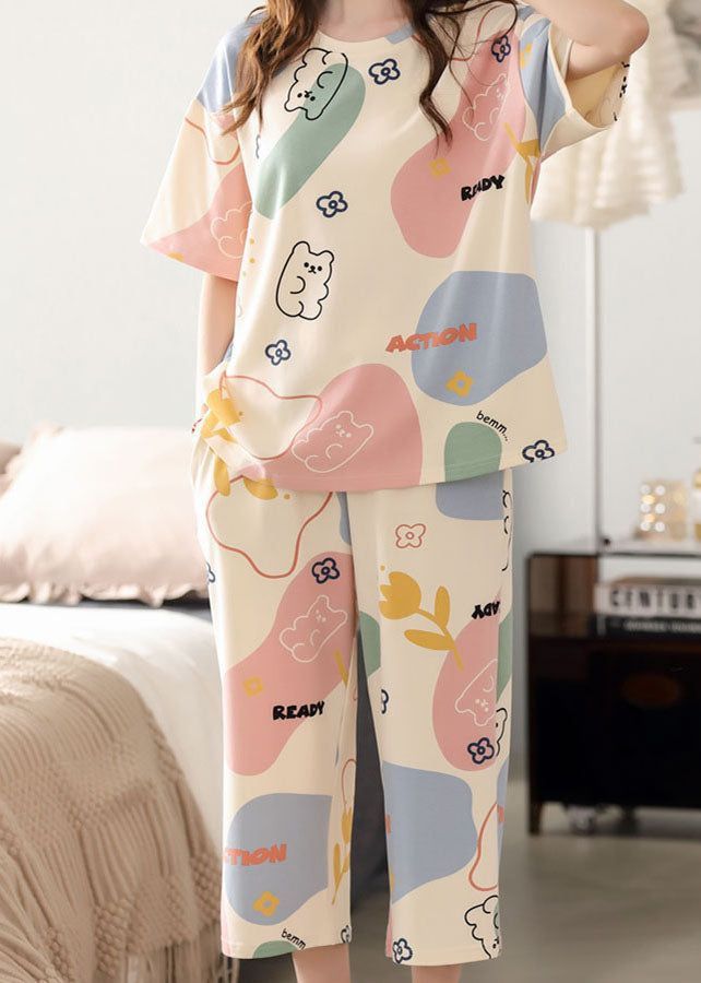 Off white Multicolor Cute Bears Half Sleeves with Printed pajama Night Suit (RX-305)