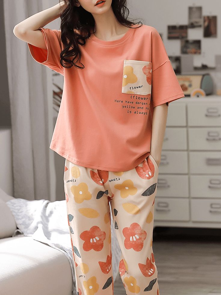 Pink Flower Pocket (NEW) Half Sleeves with Big flowers Printed pajama Night Suit (RX-306)