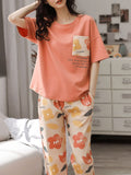 Pink Flower Pocket (NEW) Half Sleeves with Big flowers Printed pajama Night Suit (RX-306)