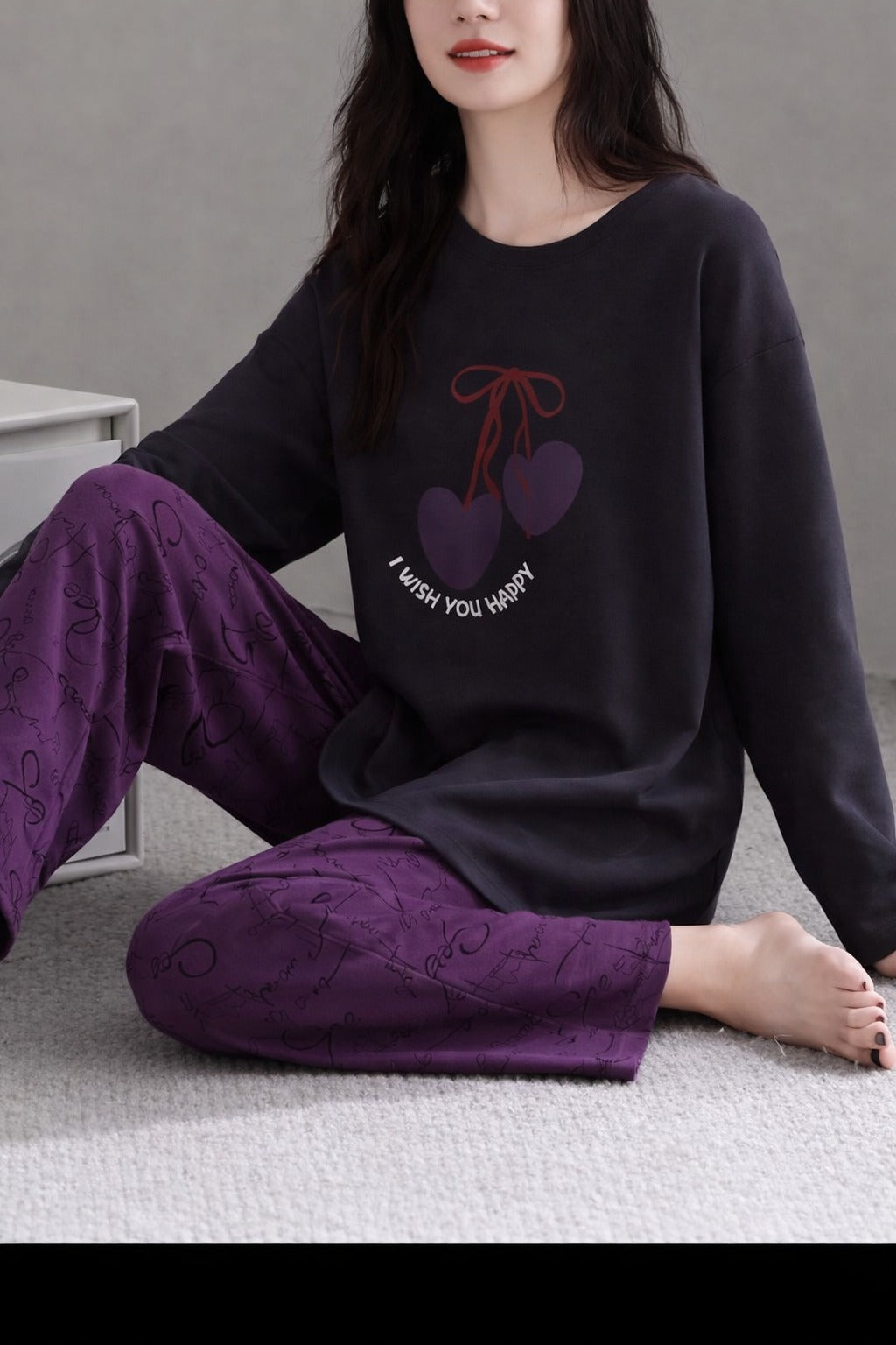 Black I Wish You Happy Printed With Purple Printed Pajama Full Sleeves Night Suit (RX-391)