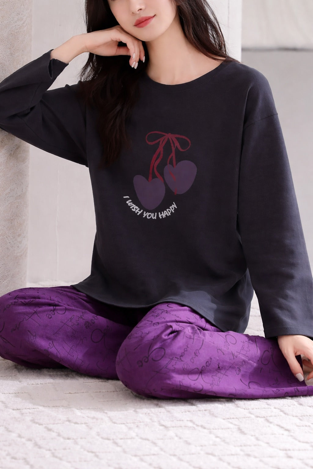 Black I Wish You Happy Printed With Purple Printed Pajama Full Sleeves Night Suit (RX-391)