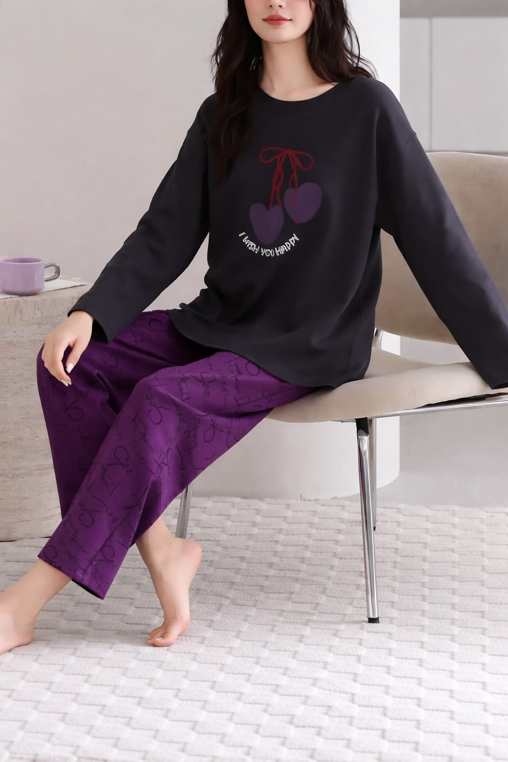 Black I Wish You Happy Printed With Purple Printed Pajama Full Sleeves Night Suit (RX-391)