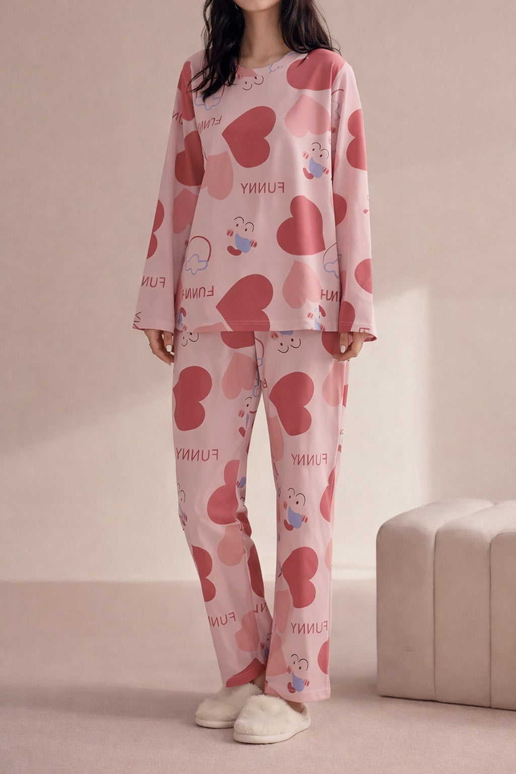 Pink All over big hearts night suit For her (RX-409)