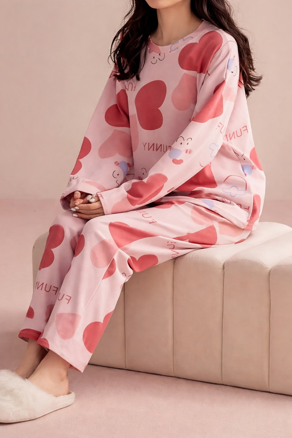 Pink All over big hearts night suit For her (RX-409)