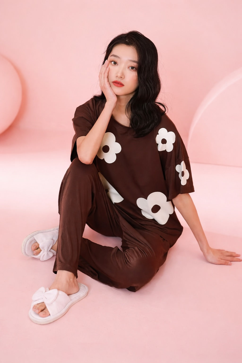 (NEW ) Brown All over BIG White flower night suit For her (RX-412)