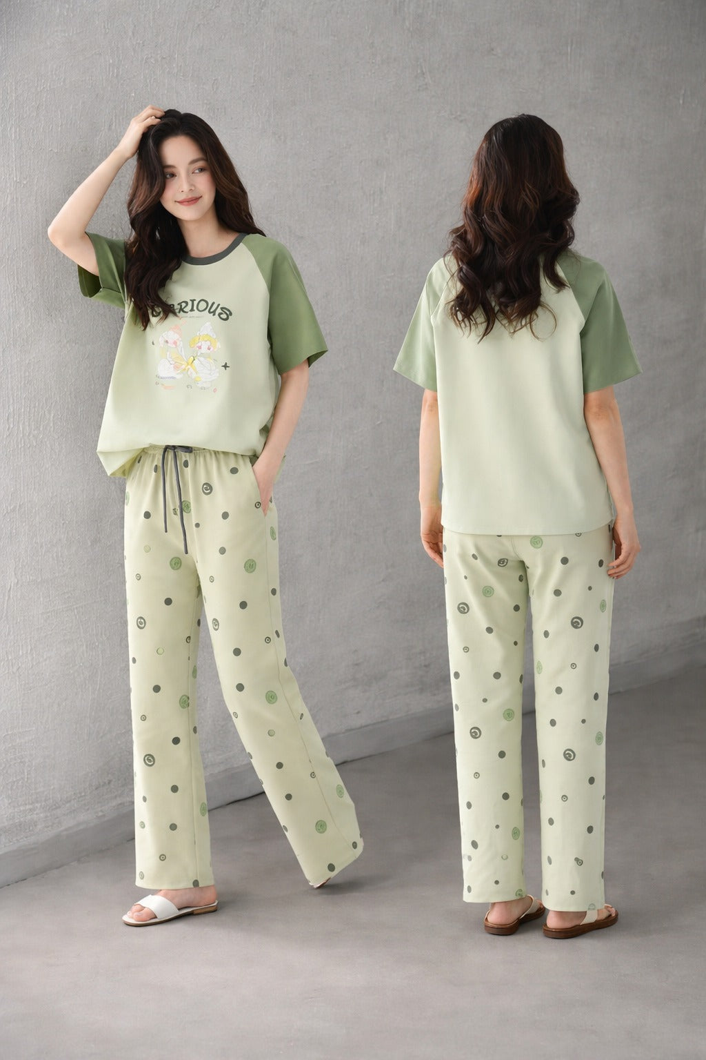 (NEW ) Olive green Carious Printed Night suit For her (RX-410)