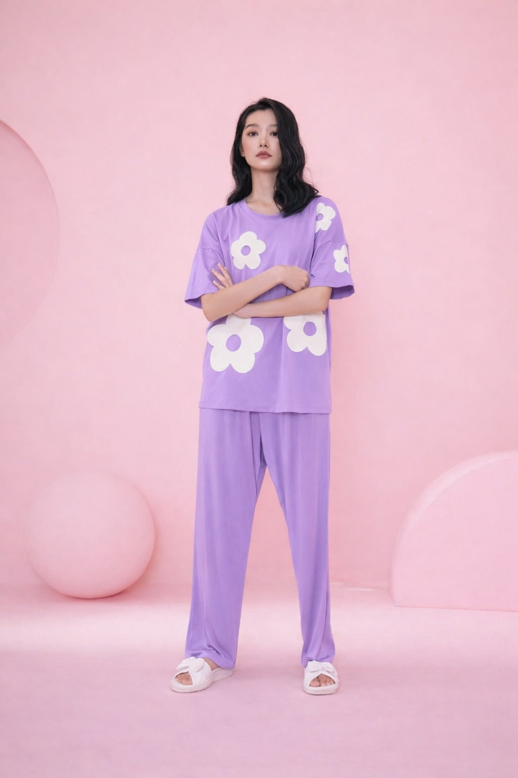 (NEW ) Lilac All over BIG White flower night suit For her (RX-411)