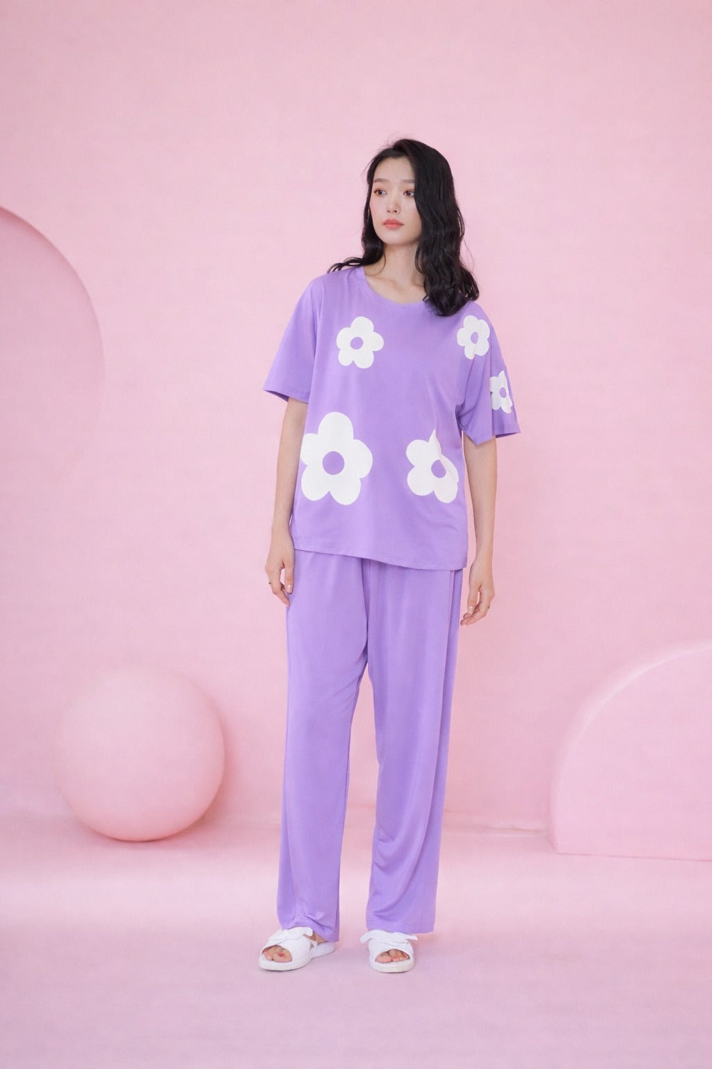 (NEW ) Lilac All over BIG White flower night suit For her (RX-411)