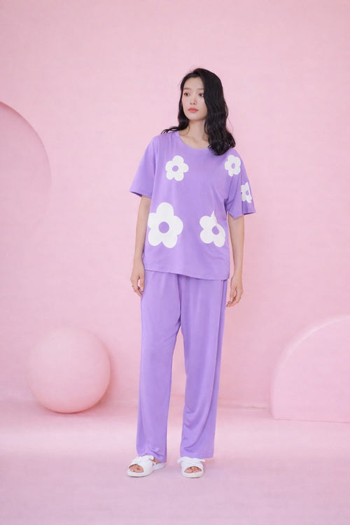 (NEW ) Lilac All over BIG White flower night suit For her (RX-411)