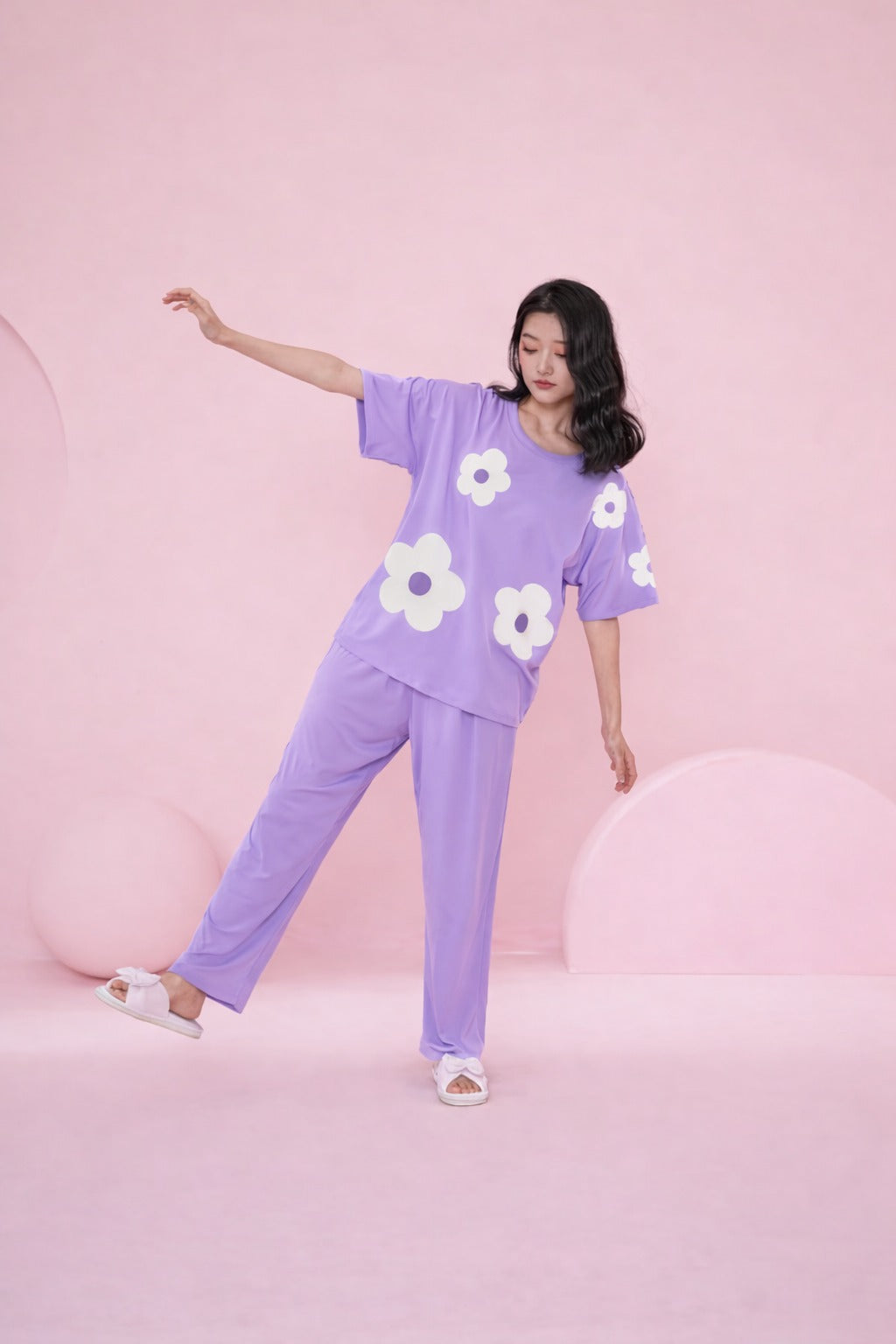 (NEW ) Lilac All over BIG White flower night suit For her (RX-411)